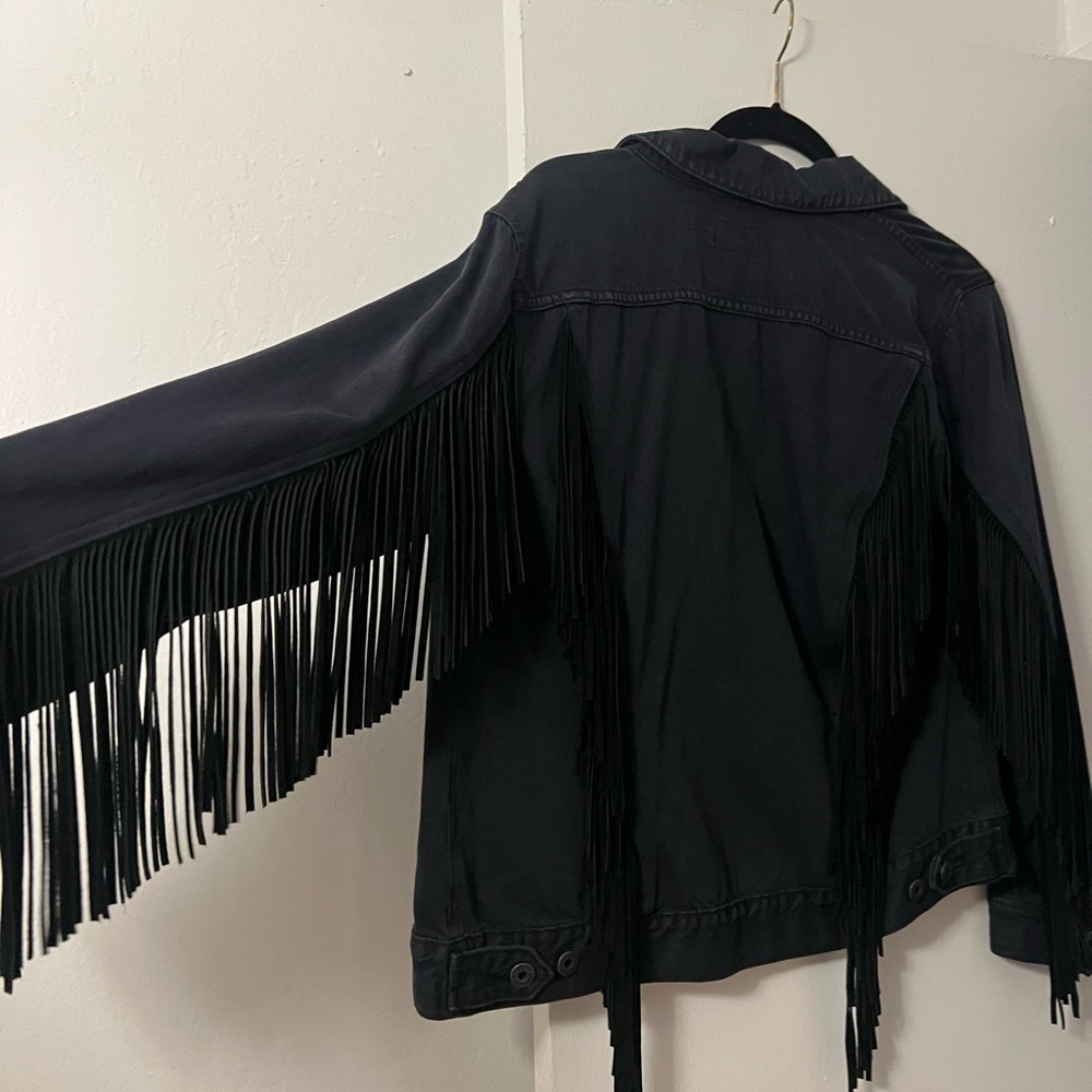NEVER WORN Lucky Brand Navy Denim Jacket with Fringe